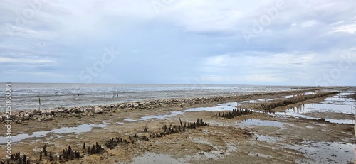 Rock Breakwater Barrier and Bamboo Wave Breaker Wall Built for Coastal Erosion Control Along Shoreline.