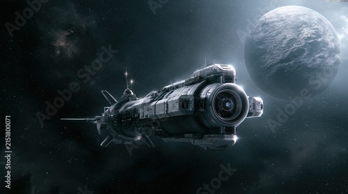 Large detailed futuristic military space cruiser flies through outer space near a cratered gray moon with scattered distant stars shows sci-fi space exploration concept