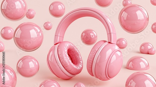 Glossy pink over ear headphones surrounded by floating transparent pink glass spheres on solid light pink background shows modern music listening and aesthetic tech concept