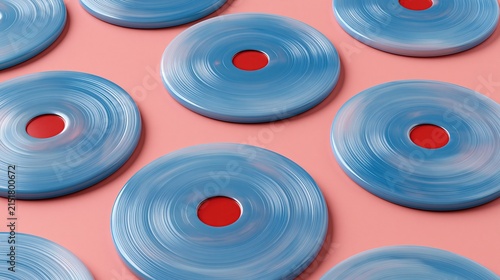 Repeating pattern of glossy light blue vinyl music records with red center labels arranged on solid light pink background creates retro abstract geometric pattern design