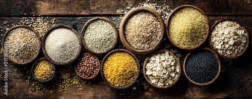 Various grains and seeds in small wooden bowls on a rustic wooden surface