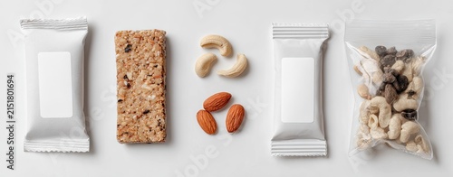 Blank snack packaging with granola bar, cashews, and almonds