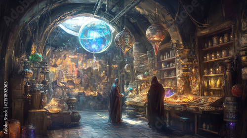 Two hooded alchemists in a mystical magic shop filled with glowing artifacts, potion bottles, and a floating blue crystal sphere