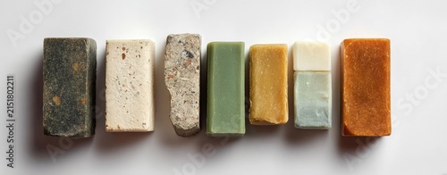 Rectangular bars of artisanal soap in various colors and textures