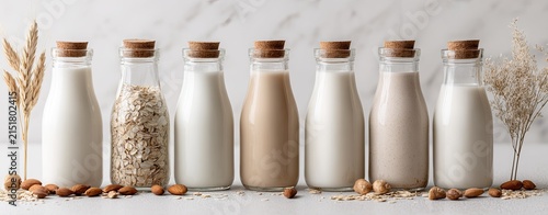 Various plant-based milk in glass bottles
