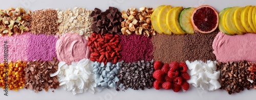 Colorful array of assorted healthy ingredients arranged in a grid pattern
