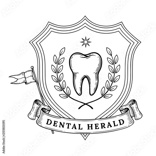Vintage dental herald crest illustration with tooth and laurel wreath