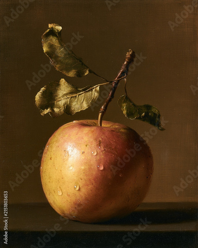 Classical Oil Painting of a Single Ripe Apple on Branch with Leaves