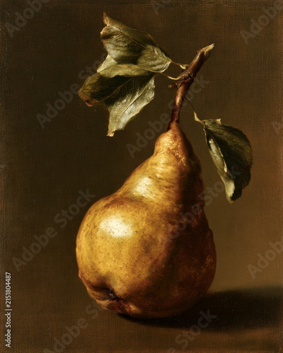 Classical Oil Painting of a Single Ripe Pear on Branch with Leaves