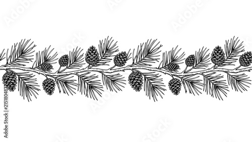Foto Seamless horizontal border pattern with hand drawn pine tree branches and pine c