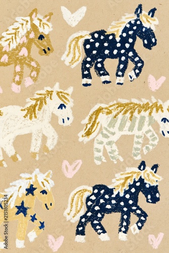 Hand drawn navy and beige horse pattern on kraft paper background for nursery fabric wallpaper design and boho pastel children decor