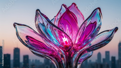 Abstract Glass Lotus Flower Sculpture Glowing Against a Blurred City Skyline at Sunset
