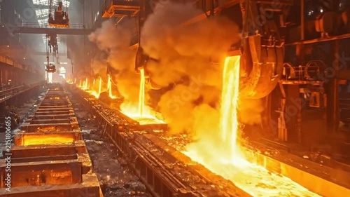 Molten metal pours into molds inside a heavy industrial factory