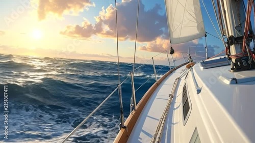 A sailboat glides across the rough ocean during a golden sunset