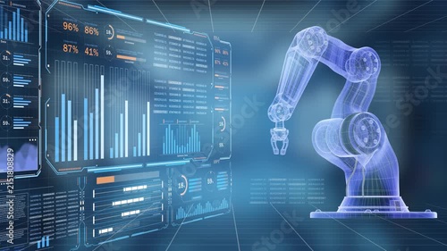 Industrial robot arm hologram with digital dashboard showing graphs, performance data, and operating parameters, representing smart manufacturing, automation, industrial technology, and factory innova