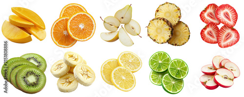 Set of sliced ​​fruits and berries: mango, orange, pear, pineapple, strawberry, kiwi, banana, lemon, lime, and apple, isolated on a transparent background PNG, template, mockup, cut out