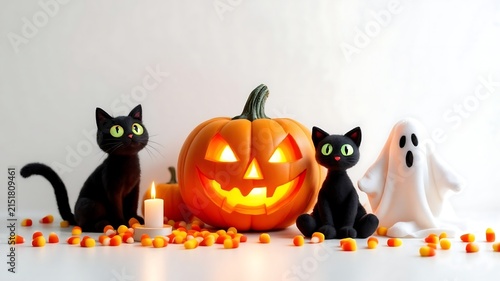 Halloween composition with jack-o-lantern black cats and ghost, halloween