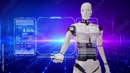 High-tech holographic visualization of artificial intelligence with a 3D robot, neural network structures, flowing data, digital nodes, and futuristic information graphics. Perfect for technology pres
