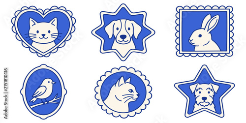 Vector set of cute animal illustrations inside blue decorative badges and frames