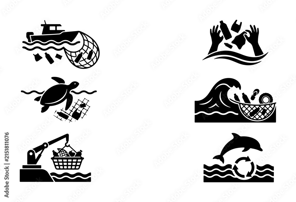 Fototapeta premium Ocean Pollution Icons: Marine Life, Waste Cleanup, Fishing Net Plastic, Sea Turtle, Dolphin