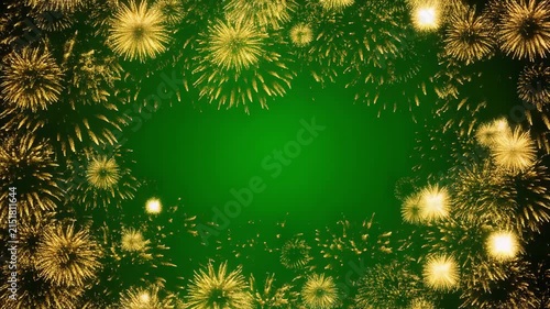 Golden fireworks bloom in cinematic motion against a vibrant green background with subtle light particles