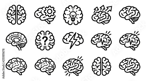Collection of hand drawn human brain illustrations in various styles and perspectives.