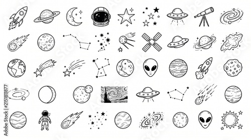 Collection of hand-drawn space and astronomy doodle elements for celestial graphic design