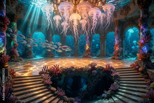 Surreal Underwater Palace with Glowing Jellyfish Chandelier and Tropical Fish Swimming