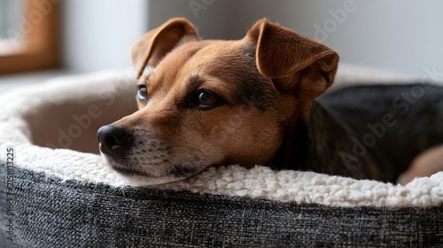 A small brown and black dog rests its head on the edge of a soft fabric pet bed indoors near a window