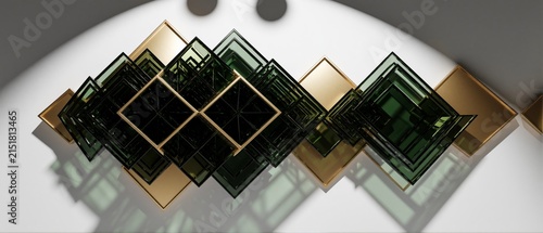 Abstract 3D Composition of Overlapping Green Glass and Gold Metallic Squares on White Background