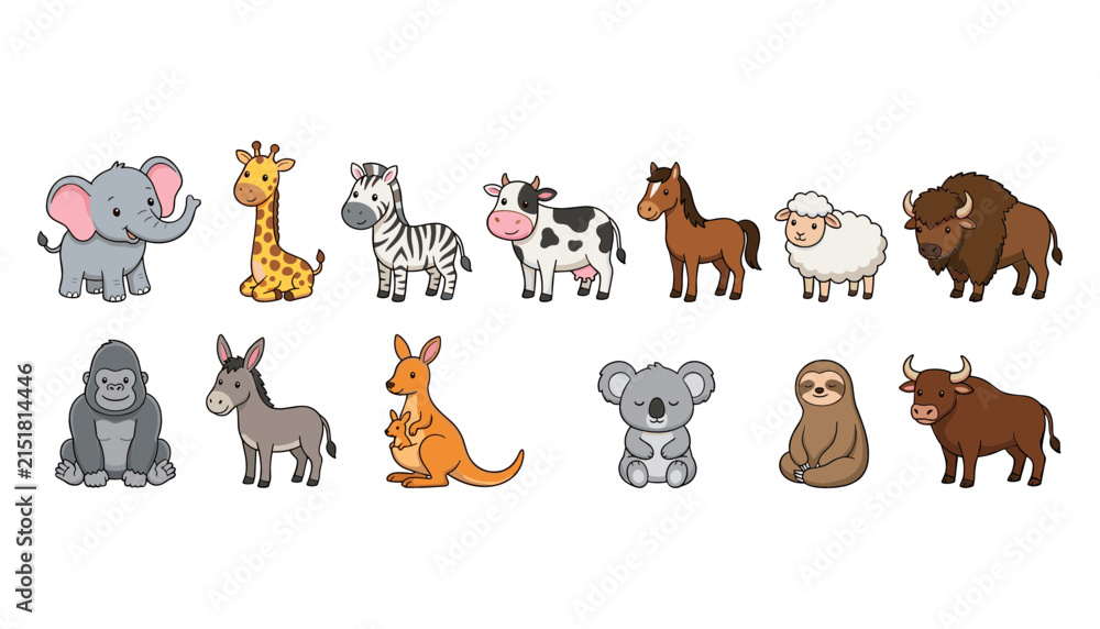 Obraz premium Cute Animal Character Vector Collection Featuring Safari Farm and Woodland Wildlife Including Elephant Giraffe Cow Horse Kangaroo and Koala Bear for Children Education Designs