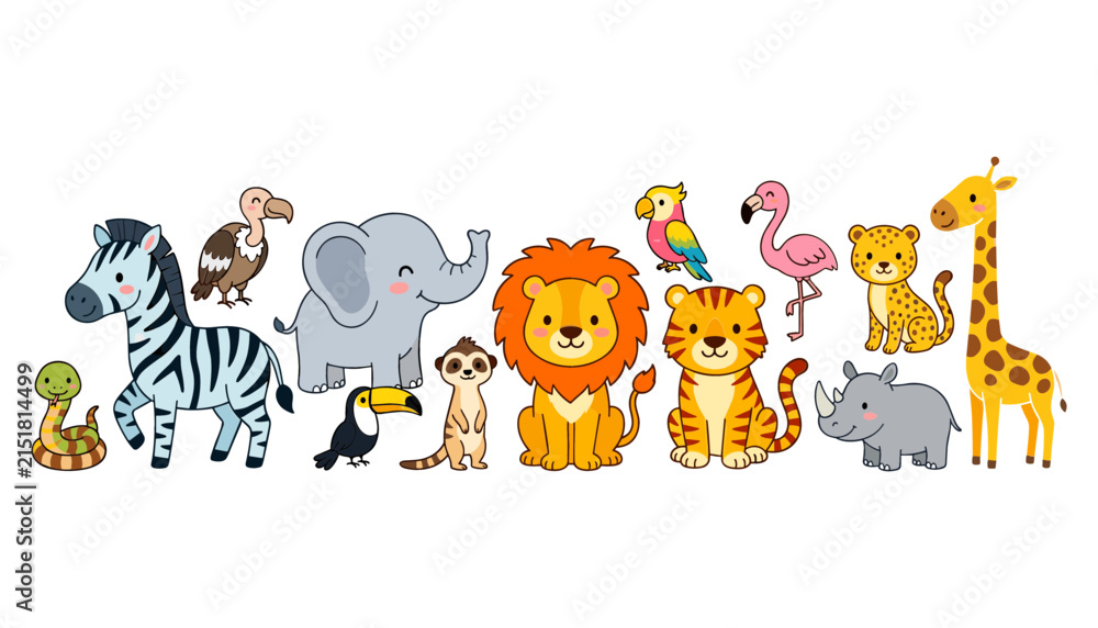 Obraz premium Cute Safari and Jungle Animal Character Collection Featuring Lion Tiger Elephant Giraffe Zebra and Exotic Birds for Children Education Nursery Wall Decor Graphic Designs