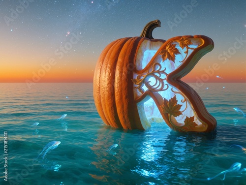 Surreal Glowing Pumpkin Sculpture Floating in a Calm Ocean Under a Starry Twilight Sky