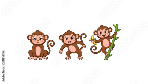 Canvas Print Cute Monkey Character Asset Set in Various Poses Including Sitting Standing and