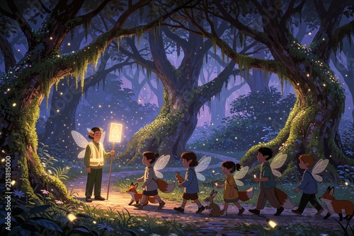 Whimsical Illustration of Fairy Children Walking to School in a Magical Glowing Forest