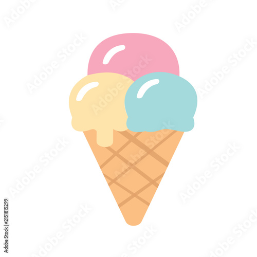 Pastel three-scoop ice cream cone featuring pink, yellow, and turquoise scoops with a classic waffle cone, isolated on white.
