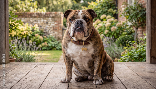 English bulldog dog outdoor photography of brindle bulldog sitting on wooden porch for pet food advertising, veterinary clinic banner, and cozy home lifestyle editorial.
