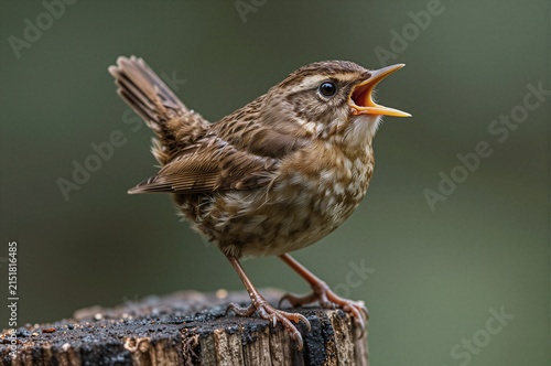 A detailed portrait of a wren perched on a weathered tree stump, its beak wide open in song.