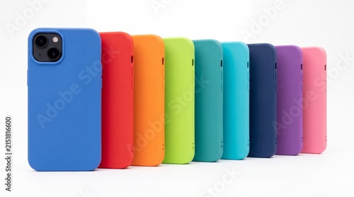 Vibrant colorful silicone smartphone protective cases arranged in a neat diagonal row on white background