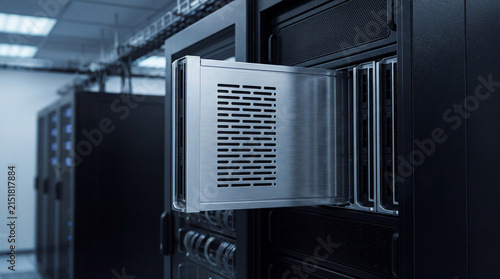 Modern server blade partially pulled out from a dark rack in a professional data center.