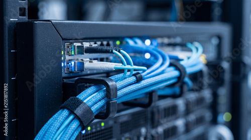 Detailed close-up of blue network cables securely plugged into ports on an active server rack with blinking lights.