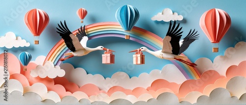Paper Cut Art Animation of Storks Carrying Gift Boxes Under a Colorful Rainbow