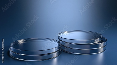 Empty stacked clear glass petri dishes placed on smooth dark blue background for microbiology science laboratory experiment and medical research concept