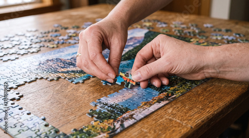 Hands placing a piece into a jigsaw puzzle on a wooden table close up