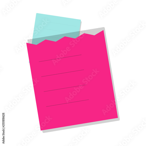 Pink sticky note with torn corner and turquoise paper clip isolated on transparent background