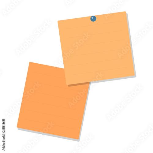 Two orange sticky notes attached with a pin isolated on transparent background
