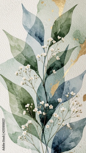 Abstract Watercolor Botanical Illustration with Green Leaves and Small White Flowers on Textured Paper