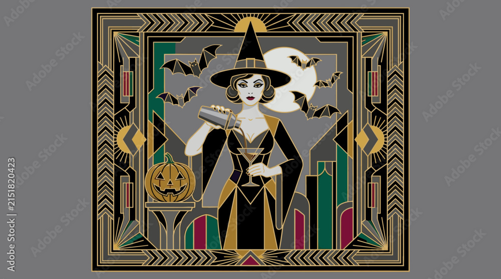 Fototapeta premium Art deco witch cocktail party illustration with pumpkin, bats, and moon, flat design vector
