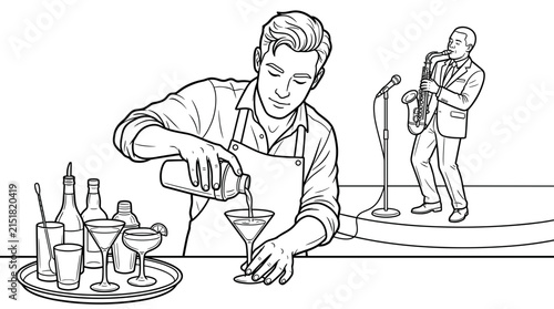 Canvas Print Bartender pouring cocktail at bar with jazz musician playing saxophone on stage,