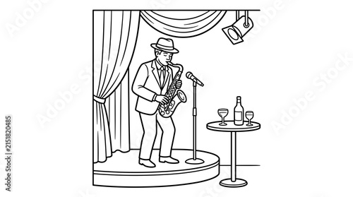 Photography Musician in suit and hat plays saxophone on stage with microphone, spotlight, an